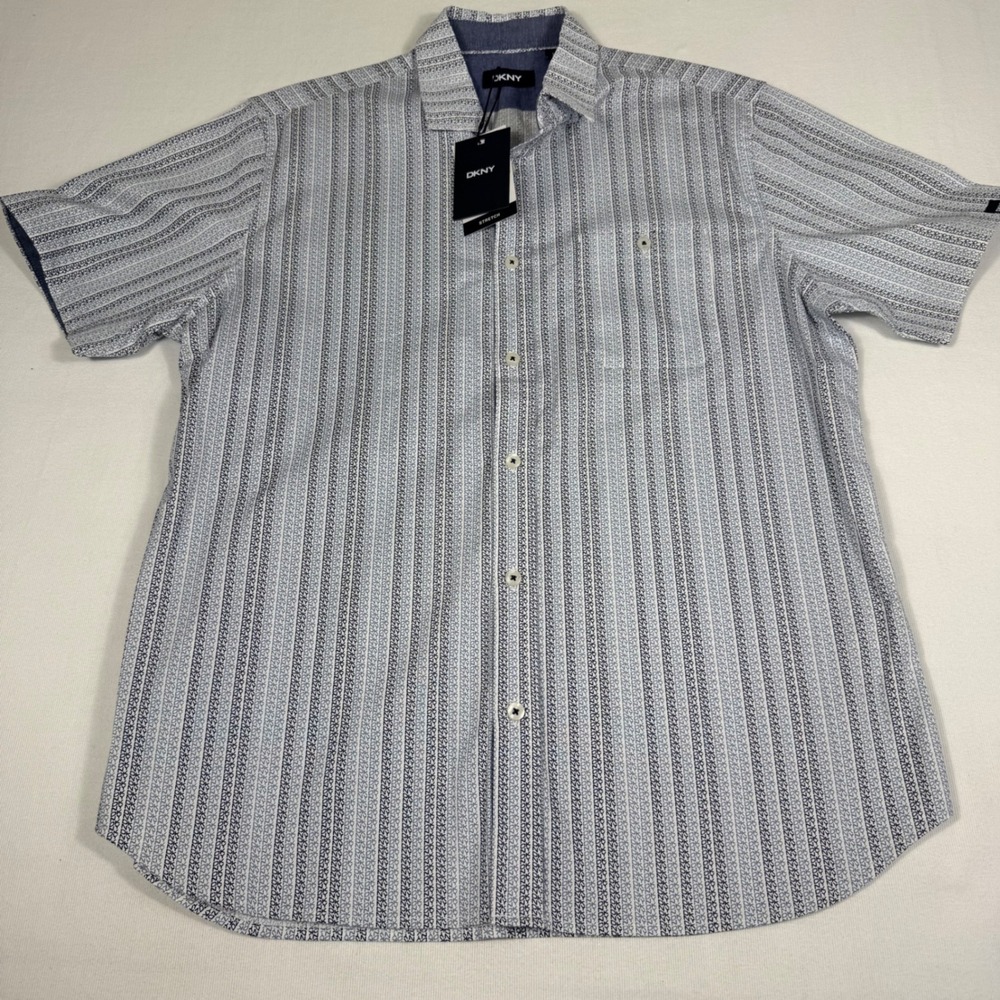 DKNY Button Down Shirt Large Blue Monogram Logo Stripe Short Sleeve Stretch